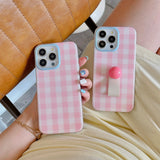 Korean INS Pink Checker Matte Double Layers Ring Strap Phone Case for iPhone 16 15 14 13 Pro Max Back Cover for 12 Pro Funda