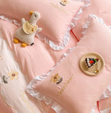 Kawaii Princess Bedding Set with White Ruffles Korean Style Girls Single Full Duvet Cover No Filling Flat Sheet Pillowcases Kit