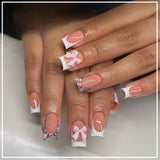 24Pcs White Fake Nails Press on Nails French Pink Bow Design Gentle Flower Acrylic False Nail with Jelly Glue Wearable Manicure