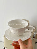 French Relief Coffee Cup Dish Set Exquisite Household Ceramic Drinking Cups With Handle White Round Plates 2Pcs Drinkware Suit