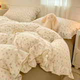 INS Princess Style Bedding Sets Ruffle Lace Bow Quilt Cover Romantic Bedclothes Decor Woman Girls Bedroom Duvet Cover 4pcs