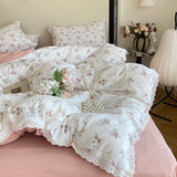 Floral Bedding Set Lace Trim Simple Fresh Elegant Flat Fitted Sheet With Pillowcases Soft Washed Cotton For Women Girl Gift