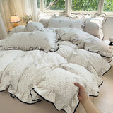 Heart Print Duvet Cover Set Princess Style Lace Ruffles Bedding Set Queen King Skin Friendly Soft Quilt Cover Sheet Pillowcases