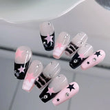 10pcs handmade dark sweet y2k fake nails with glue pink star press on nails long shiny hot girl designs false nails with tools