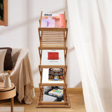 5-Tier Bamboo Magazine Rack Foldable, Portable Lightweight Floor Standing Display Holder for Office Bookstore, Storage Organizer