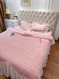 Three-Dimensional Rose Flowers Lace Ruffles Patchwork Bedding Set, Duvet Cover, Bed Sheet, Pillowcases, Pink, Egyptian Cotton