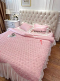 Three-Dimensional Rose Flowers Lace Ruffles Patchwork Bedding Set, Duvet Cover, Bed Sheet, Pillowcases, Pink, Egyptian Cotton