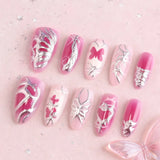 24pcs Sweet Flower False Nails Art Aurora Cat's Eye Mid-length Almond Press on Nails Tips Bow Design Pink Fake Nail Set Manicure
