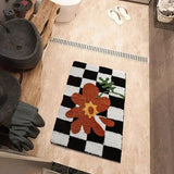 Chessboard Plaid Bath Mats Fluffy Grids Soft Floral Carpet Retro Bathroom Anti Slip Carpet Bedside Mats Ins Style Flocked Carpet