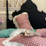 Vintage Plaid Pure Cotton double-layer yarn four-piece set French lace Bedding Set Duvet Cover Pillowcases Flat/Fitted Bed Sheet