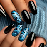 24pc Gradient False Nails with Jelly Glue Press on Nails Rose Black Lines Designs Ballet Fake Nails Wearable Full Cover Nail Tip