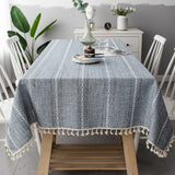 Tassel Tablecloth Pink Cotton Linen Soft Stripe Stain Resistant Dust-Proof Table Cover for Kitchen Dinning Tabletop Decoration