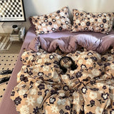 Korean Style Ins Retro Fresh Floral Washed Cotton Bed Four Piece Duvet Set, Student Dormitory Bed Sheet Three Piece Set