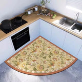 Kitchen Corner Fan-shaped Floor Mat Retro Arc Flower Pattern PVC Foot Mats Absorbs Water Oil Non-slip Dirt-resistant Dark Carpet