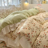 Floral print Korean style Princess Lace Bedding Set Duvet Cover Set Washed Cotton Flat Sheet set Queen For Girl Decor Home