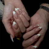 24Pcs False Nails White Border Design Press on Nails Full Cover Simplicity French Almond With Glue Wearable Manicure Nail Tips