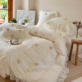 Three-dimensional Rose Lace Ruffles Princess Wedding Bedding Set Egyptian Cotton Duvet Cover Flat/Fitted Bed Sheet Pillowcases