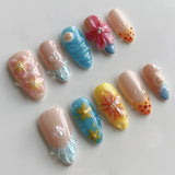 24pcs Flower Butterfly Design False Nails Art Summer Sweet Colorful Smudge Almond Full Cover Nail Rhinestone Press on Fake Nails