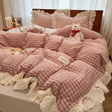 Korean Style Princess Lace Ruffles 100% Cotton Bedding Set Plaid Style Duvet Cover Set Bed Sheet Pillowcases 4Pcs