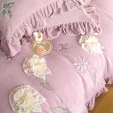 Flowers Embroidery Ruffles Thickened Soft Warm Velvet Bedding Set Queen King Size Plush Duvet Cover Set Bed Sheet Pillowcases