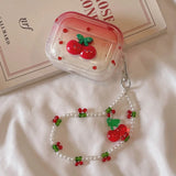 Cute Fresh 3D Cherry Soft TPU Earphone Case For Airpods 4 Pro 2 2nd Generation Air Pods 3 1 3rd Gen Cover With Pearl Bracelet