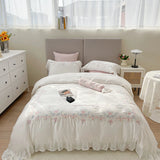 4Pcs Flowers Embroidery Lace Ruffles Bedding Set Lyocell Eucalyptus Fiber Silky Duvet Cover Bed Sheet Fitted Sheet Pillowcases