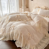 Carved Velvet Double Layer Lace Ruffles Bow Princess Bedding Set Winter Warm Duvet Cover Flat Bed Sheet Pillowcases 4Pcs