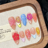 10pcs 3D Handmade False Almond Nails Press On Nails Crystal Flower Carved Decoration Gradient French Long Nude Pink Fake Nails