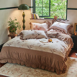 Egyptian Cotton Brushed Fabric Pleated Ruffles Rose Prints Bedding Set Duvet Cover Flat/Fitted Bed Sheet Pillowcases 4Pcs