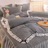 Checkered Bedding Set Bed Skirt Ruffle Lace Princess Style Girls Duvet Cover Simple Solid Color Home Textiles Decor Bedroom