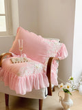2Pcs Pink White Rose Embroidery Lace Ruffles Pillowcases Cotton Pillow Cover Sweet Princess Decor Bedroom Decorative Pillowslip