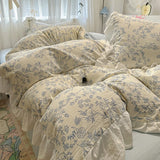 Floral print Korean style Princess Lace Bedding Set Duvet Cover Set Washed Cotton Flat Sheet set Queen For Girl Decor Home