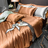 Solid Silk Bedding Set with Duvet Cover Bed Sheet Pillowcases Luxury King Single Double Couple Pillow Case Bedsheet