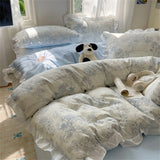 A-Class Skin Friendly Printing Bedding Set With Lace Duvet Cover Bed Sheet Pillowcases Four Piece Set Bedroom Decor Home Textile