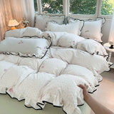 Heart Print Duvet Cover Set Princess Style Lace Ruffles Bedding Set Queen King Skin Friendly Soft Quilt Cover Sheet Pillowcases