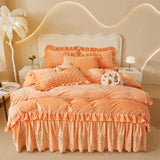 Luxury Winter Thickened Velvet Rose Flowers Embroidery Bedding Set Ruffles Duvet Cover, Quilted Bedspread, Bed Skirt, Pillowcase