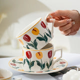 Hand Drawn Tulip Coffee Cup Set Ceramic Mug Dish Milk Juice Afternoon Tea Cup Plate Ceramic Cups with Hand Gift
