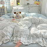 Princess Style Cartoon Floral Ruffles Bedding Set Washed Cotton Duvet Cover Bed Sheet Pillowcases Single Full Queen Size 3/4Pcs
