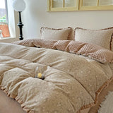 Thiened Double Layer Cotton Bean Flannel Four Piece Set Korean Sle Winter Warm Student Tee Piece Set Floral Lace Bedding