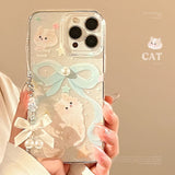 Elegant pearl blue bow bracelet capa for iphone 13pro 15pro 11 13 12 13promax 14 15 pro max 14pro cute cat shiny star phone case