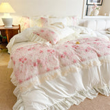 3/4Pcs French Romantic Lace Printed Ruffle Bedskirt Queen Size Quilt Cover Princess Style Boiled Cotton Double Bedding Set