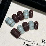 10Pcs Short Ballet Full Cover Nail Tips Blue Grid Pattern Design Handmade Fake Nails Wearable Simple Square Press on False Nails