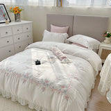 4Pcs Flowers Embroidery Lace Ruffles Bedding Set Lyocell Eucalyptus Fiber Silky Duvet Cover Bed Sheet Fitted Sheet Pillowcases