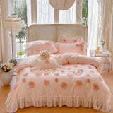 120S Egyptian Cotton Princess Wedding Bedding Set Luxury Rose Embroidery Duvet Cover Lace Quilted Bedspread Bed Skirt Pillowcase