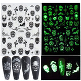 3D Luminous Nail Stickers Decals Black White Spider Web Skull Alien Planet Glow In The Dark Halloween Manicure Foils Tattoo Tips