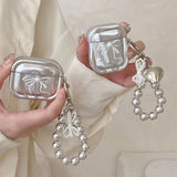 Ribbon Bow Pearl Decoration Case For AirPods 1 2 3 4 Pro 2nd Pro2 Wirelsss Headphones Protective Cover AirPods4 Silver Pendant