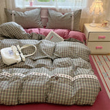 New Class A Kapok Double Yarn Plaid Lace Four-piece Set Sheet Quilt Cover Student Dormitory Bedding Kit