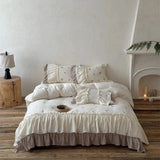 Vintage French Double Layer Ruffles Bedding Set 100% Cotton Double Yarn Soft Duvet Cover Flat/Fitted Bed Sheet Pillowcases 4Pcs