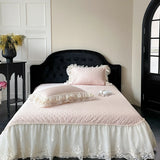 4Pcs Pink Chiffon Lace Princess Wedding Bedding Set Luxury 100% Cotton Duvet Cover Bed Sheet Or Quilted Bedspread Pillowcases