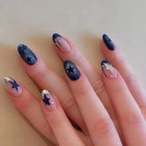 24Pcs Blue Almond False Nails Yellow French Press On Nails Five-pointed Star/Polka Dot Printed Y2K Girls Finished Fake Nails
